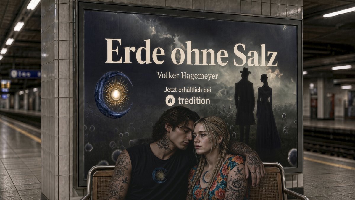 Ein junges Paar sitzt eng aneinandergelehnt auf einer Bahnhofsbank vor einem großen Plakat des Romans „Erde ohne Salz“ von Volker Hagemeyer